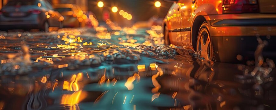 A flooded roadway, with water rising up to the doors of cars as the downpour continues unabated