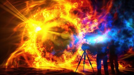 A group of scientists observing the solar flare from a desert observatory, instruments glinting under the intense sun, capturing the suns fiery phenomenon