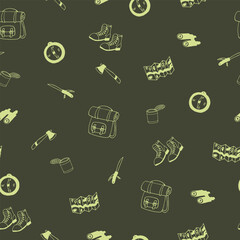 camp seamless pattern. hand drawn doodle. vector, scandinavian, minimalism, monochrome.