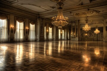 An empty inn ballroom with polished floors, gilded mirrors, and glittering chandeliers, longing for the graceful movements of dancers, Generative AI