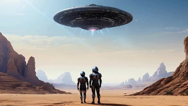 Twi Aliens and Giant UFO in Desert Landscape
