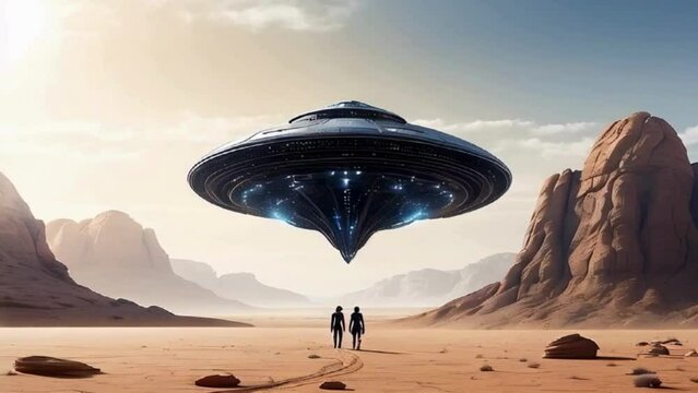 Twi Aliens and Giant UFO in Desert Landscape