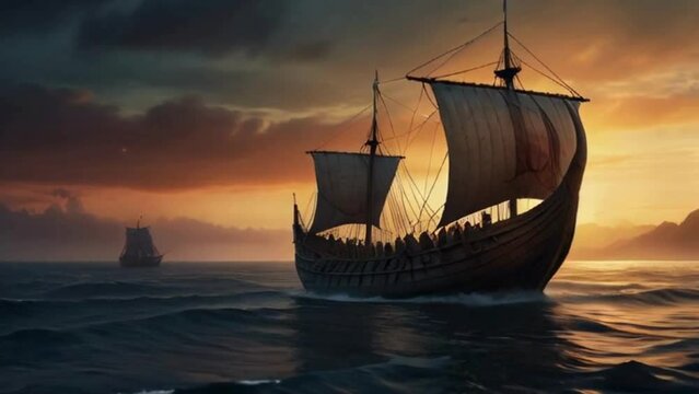 Viking Longship Sailing into a Dramatic Sunset