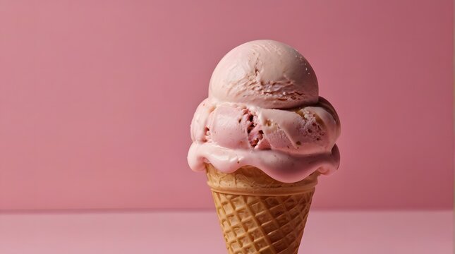 Ice cream cone. Pastel pink stock image. Strawberry flavor ice cream. Summer dessert concept.