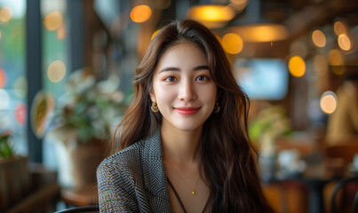 Asian businesswoman smiling, video conferencing on laptop at coffee shop, student studying online class via laptop, surfing internet cafe