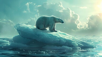 A lone polar bear perched precariously on a small floating ice floe, as the surrounding sea ice melts and breaks apart