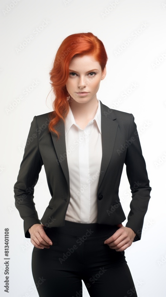 Poster Generative AI red-haired woman in a suit on a white background dynamic pose