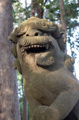 森林バックの日本の狛犬のアップ