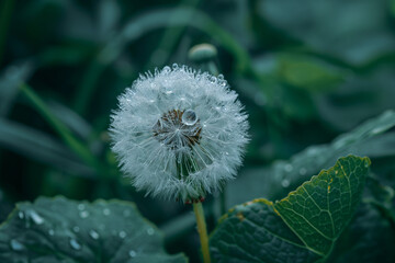 dandelion in the snow and waterdrops