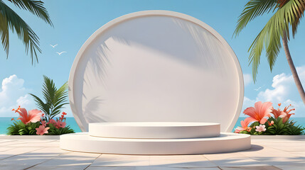 3D render, minimal empty pastel pink podium platform for product presentation, mock up, beach elements decoration.