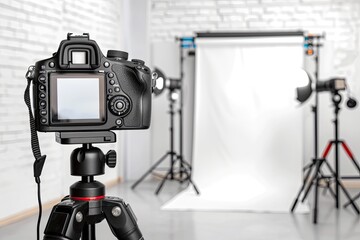 A large and white simple photo studio with lights, film studio with technical equipment. Creative workshop of the photographer.