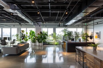 Bright and Clean Industrial Style Open Office Interior, Open Space with Lots of Table Desks and Chairs, Large Windows, Green Plants, a Concrete Floor.