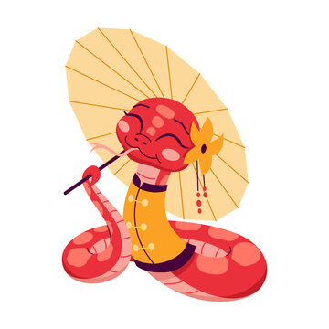 recommend clip art: Cute snake in Asian clothes with umbrella 2D cartoon character. Chinese horoscope for New year isolated vector animal white background
