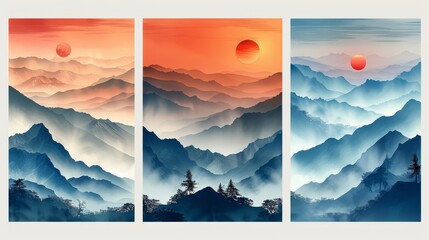 An abstract mountain wall art modern collection made of hills, panorama views, mountains, and sunsets. Perfect for decorative, interior, prints, banners, or interior design.