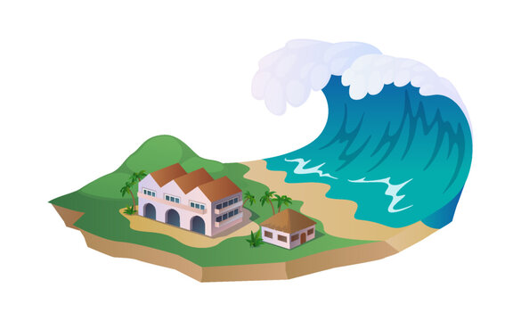 tsunami wave over houses on island clip art preview