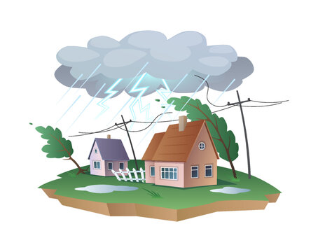 stormy houses with lightning and rain clip art preview