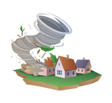 recommend clip art: Tornado vortex destroying houses 2D cartoon objects. Hurricane danger for small town isolated line vector scene on white background