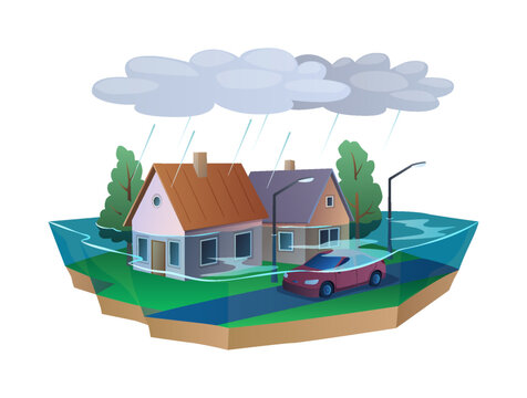 Flooded Houses With Rising Water At Rain 2D Cartoon Objects. Sinking Town At Heavy Rainstorm Natural Disaster Vector Scene On White Background