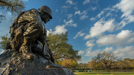 A solemn memorial sculpture in a city park, honoring the bravery and sacrifice of military veterans from past conflicts, its powerful imagery evoking the courage and resilience of those who served.