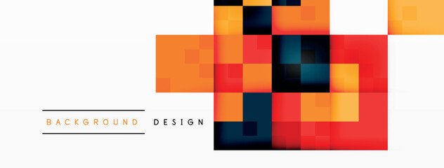 The colorful background with squares on a white background creates a vibrant and symmetrical pattern. The rectangles in shades of orange and electric blue add to the material property of the design