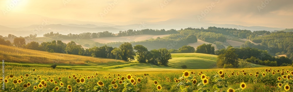 Poster a field of sunflowers with a beautiful view of the mountains in the background. the sun is shining b
