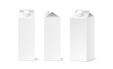 Blank drink packaging with design template realistic vector illustration set. Eco friendly carton boxes for milk 3d objects on white background
