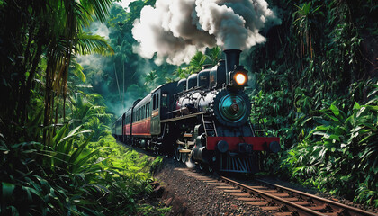 An old steam locomotive rushes through the dense jungle. a long train line-up. the train is traveling over the bridge. Railway Worker's Day