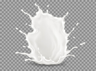 Splashing creamy liquid with drops at falling realistic vector illustration. Body care product texture in motion 3d object on transparent background