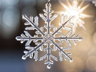 A close-up photo of a delicate snowflake with intricate ice crystals, illuminated by soft sunlight