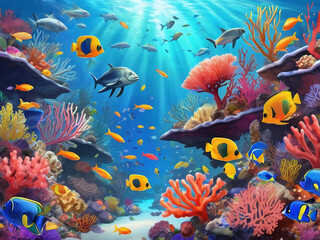 A digital painting of a vibrant coral reef teeming with colorful fish and diverse marine life
