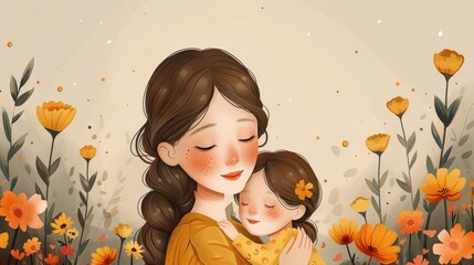 Happy Mother's Day character design modern. Mother hugs daughter in arms. Mother's day concept illustration design for greeting cards, covers, posters, and banners.