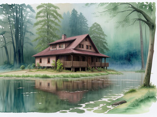 A house in the riverside in rainy forest in watercolor painting style