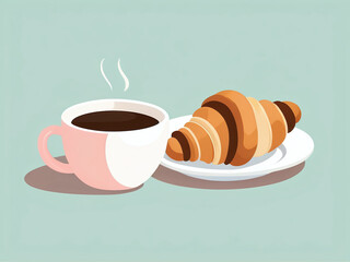 A minimalist flat design illustration of a coffee cup and croissant on a pastel background
