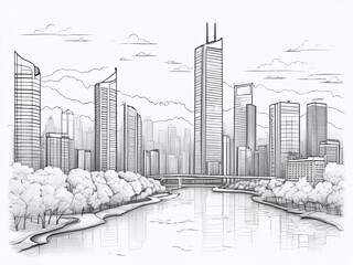 A minimalist line art drawing of a cityscape with towering skyscrapers and a winding river