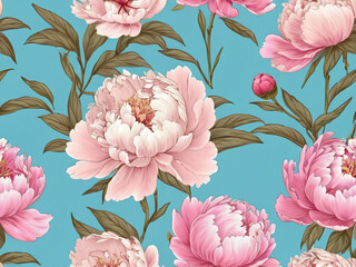 A seamless floral pattern with blooming peonies in pastel colors on a light blue background