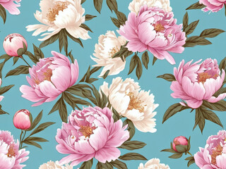 A seamless floral pattern with blooming peonies in pastel colors on a light blue background