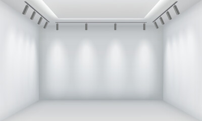Empty shop premise with shelves on walls realistic 3d illustration. Boutique enclosure design. Modern show room interior vector background