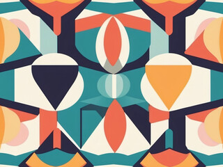 A seamless pattern of colorful geometric shapes with a retro 70s vibe