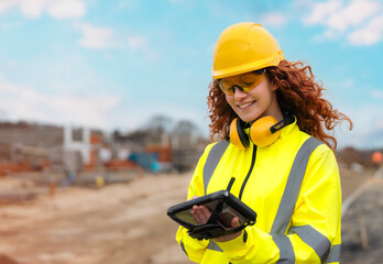 cheerful apprenticeship female site engineer surveyor working with rugged controller tablet...