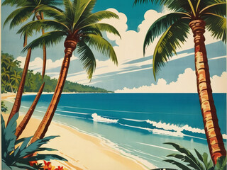 Pristine tropical beach with swaying palm trees lining the shore under a bright summer sky