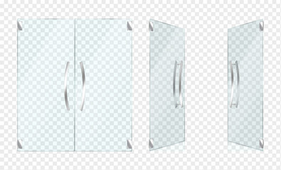 Double glass doors with chrome handles realistic vector illustration set. Modern office entryway barrier 3d objects on white background