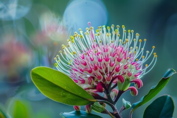 A close up view of a Hakea flower blooming on a tree, showcasing its unique beauty and intricate details. The flowers vibrant colors and delicate petals are prominently displayed against the trees bar