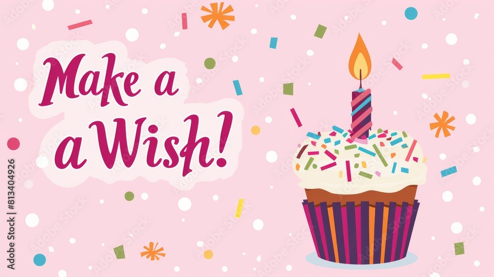 Poster a pink background with a cake on it and the words make a wish written in white. the cake is lit up w