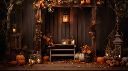 Obraz premium The image shows a beautiful fall backdrop with a bench, pumpkins, and lanterns. It is perfect for a photoshoot.