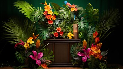The image shows a vintage wooden radio surrounded by tropical plants and flowers.