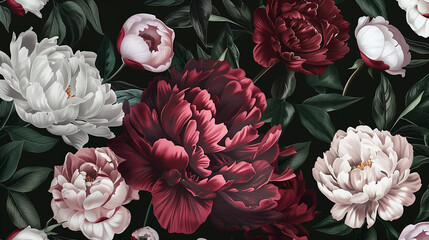 A bouquet of red, pink and white flowers of roses and peonies on a black background, with petals.	