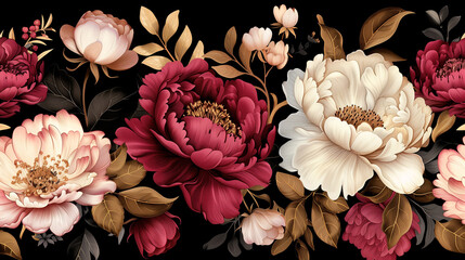 A bouquet of red, pink and white flowers of roses and peonies on a black background, with petals.	