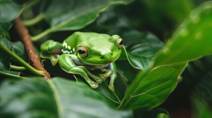A green frog is sitting on a leaf. The frog is small and has a green color