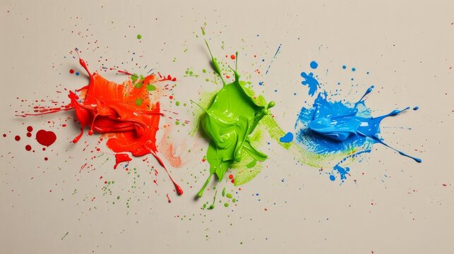 Three vibrant colors of paint splattered on a white surface, creating a colorful and dynamic composition.