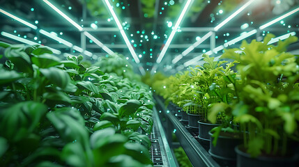 Hydroponics vertical farm in greenhouse laboratory with high technology and hologram style